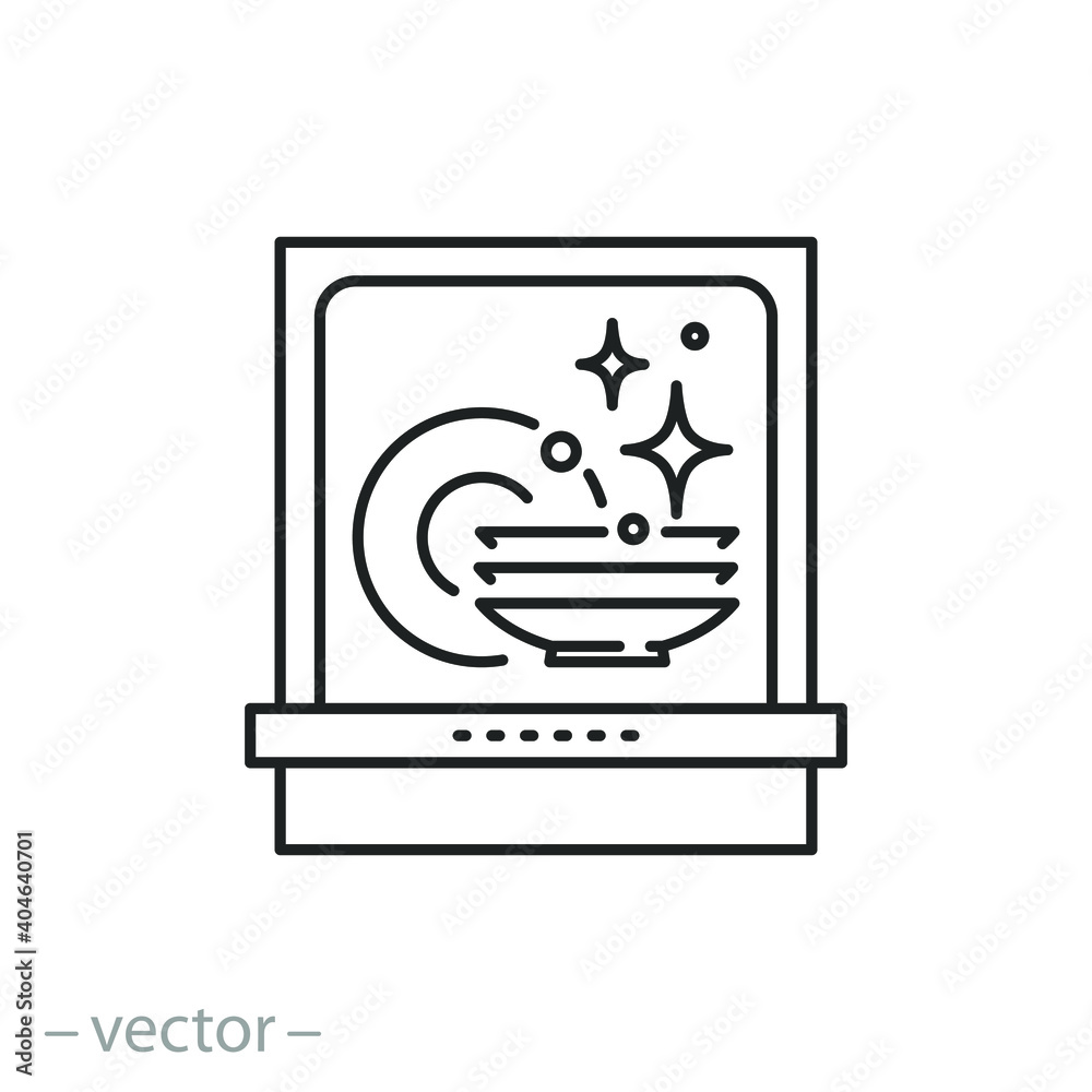 open dishwasher with clean dishes icon, kitchen wash machine, washer thin line symbol on white background - editable stroke vector illustration eps 10 open dishwasher with clean dishes icon, kitchen wash machine, washer thin line symbol on white background - editable stroke vector illustration eps 10