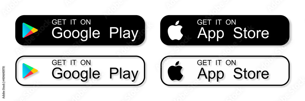 App store buttons set. Google Play Store logo.  AppStore logo. Apple  App Store button. Microsoft download app. Stock Vector