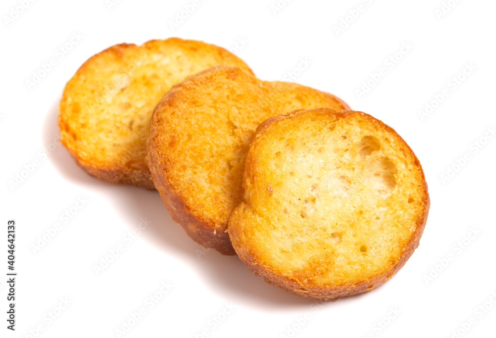 Large Baguette Croutons Toasted and on a White Background