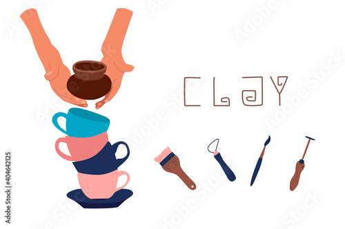Clay crafting,pottery studio poster in doodle style.Tools for sculpture modeling.Instruments in pastel colors. Ceramics workshop banner.Background for for smartphone app,print for website.Vector