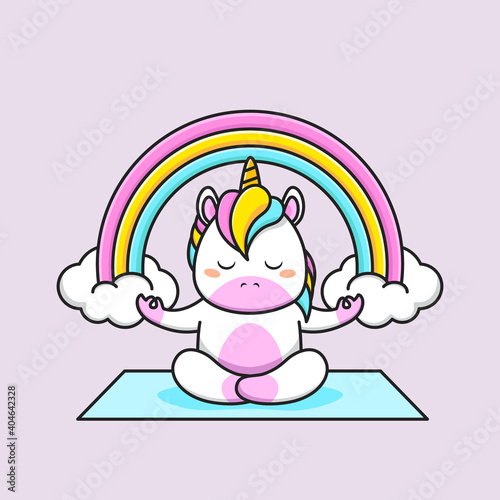 cute unicorn do meditation with rainbow background