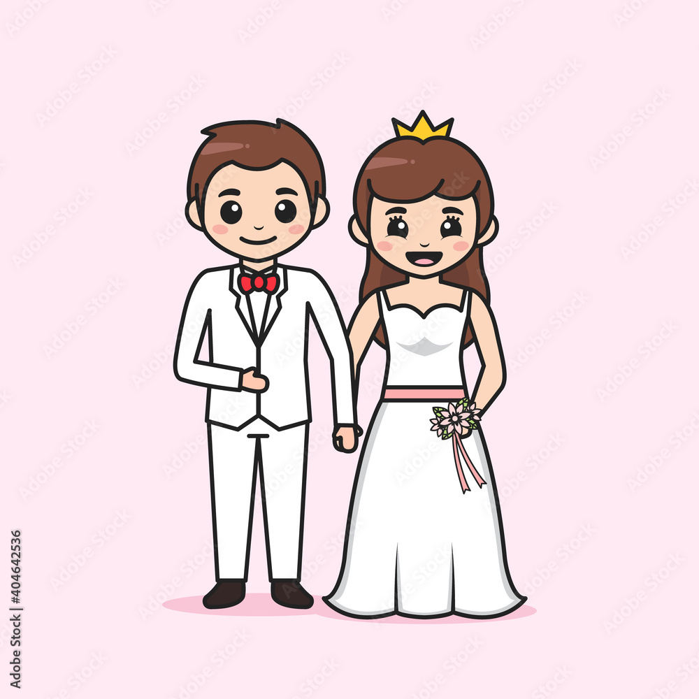 Cute bride and groom couple cartoon character Cute bride and groom couple cartoon character