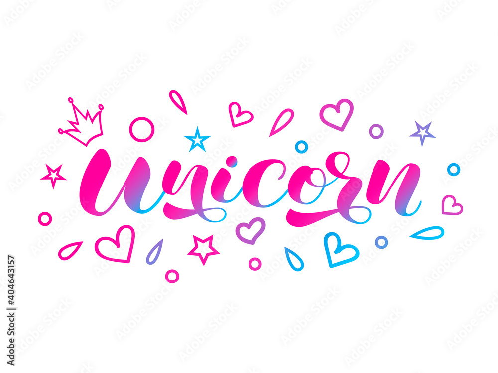 Unicorn brush lettering. Vector stock illustration for card or poster, home decor or clothing