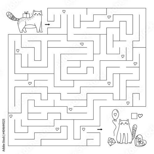 Saint Valentine's day maze game for children. Cute cartoon cats with gifts. Help the kitten collect all hearts. Coloring page. Doodle vector characters.