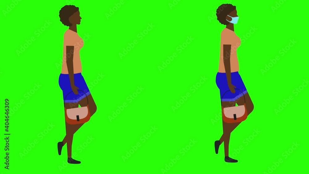 Women walking cycle seamless loop , face mask version, green screen chroma key animation, flat design Women walking cycle seamless loop , face mask version, green screen chroma key animation, flat design