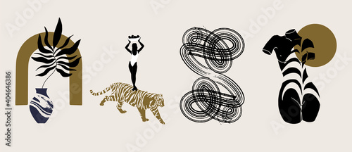 Vector hand drawn flat illustration of naked women, tiger, vase, stroke isolated. Creative minimalistic set of artworks. Template for card, poster, banner, print for t-shirt, pin, badge, patch.
