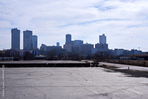 Skyline view of downtown Fort Worth North Texas from empty parking lot