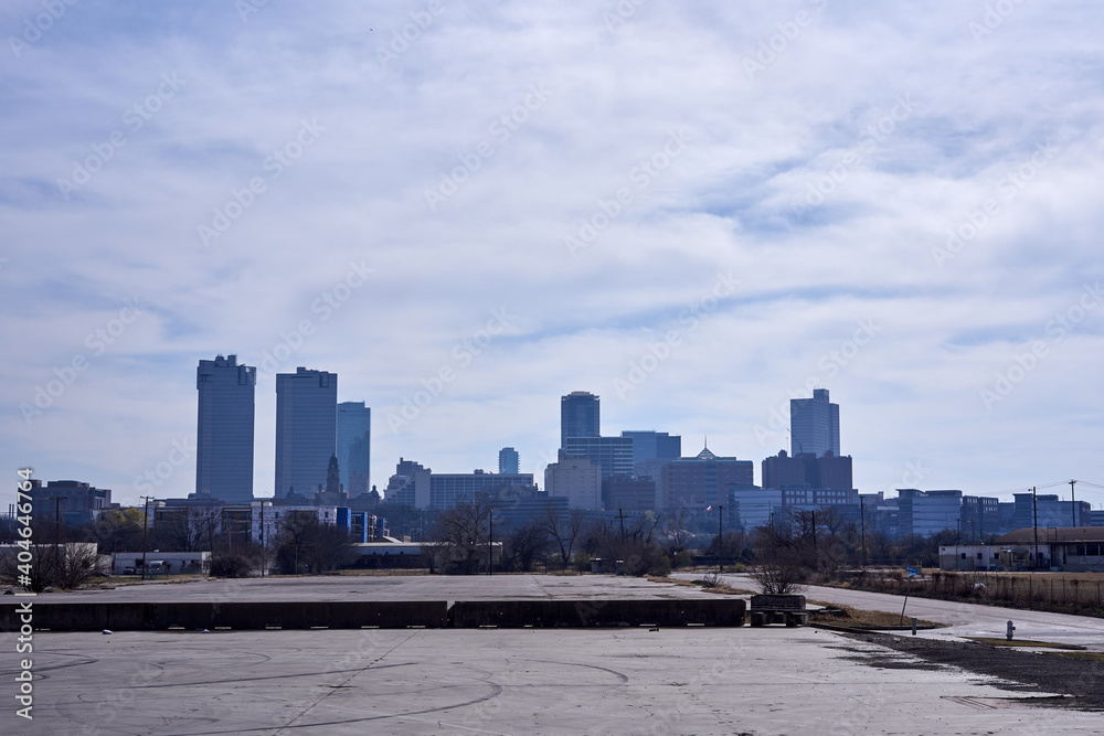 Skyline view of downtown Fort Worth North Texas from empty parking lot