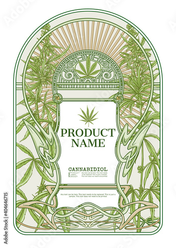 Cannabis Template for product label, cosmetic packaging. Easy to edit. In art nouveau style, vintage, old, retro style. Isolated on white background..