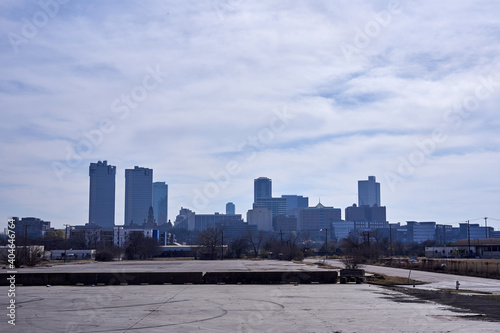 Skyline view of downtown Fort Worth North Texas from empty parking lot