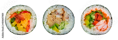 Japanese food delicious Futomaki big roll on white background, Futomaki sushi collection isolated