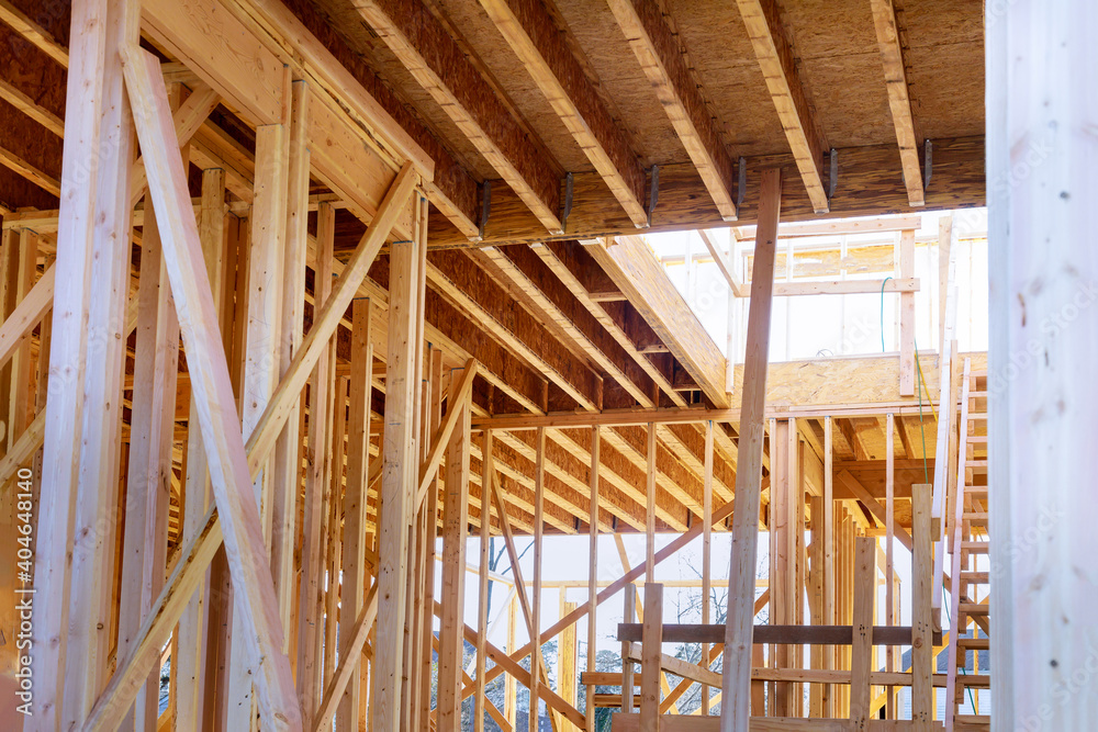 Construction home framing on residential beam framework wooden new house