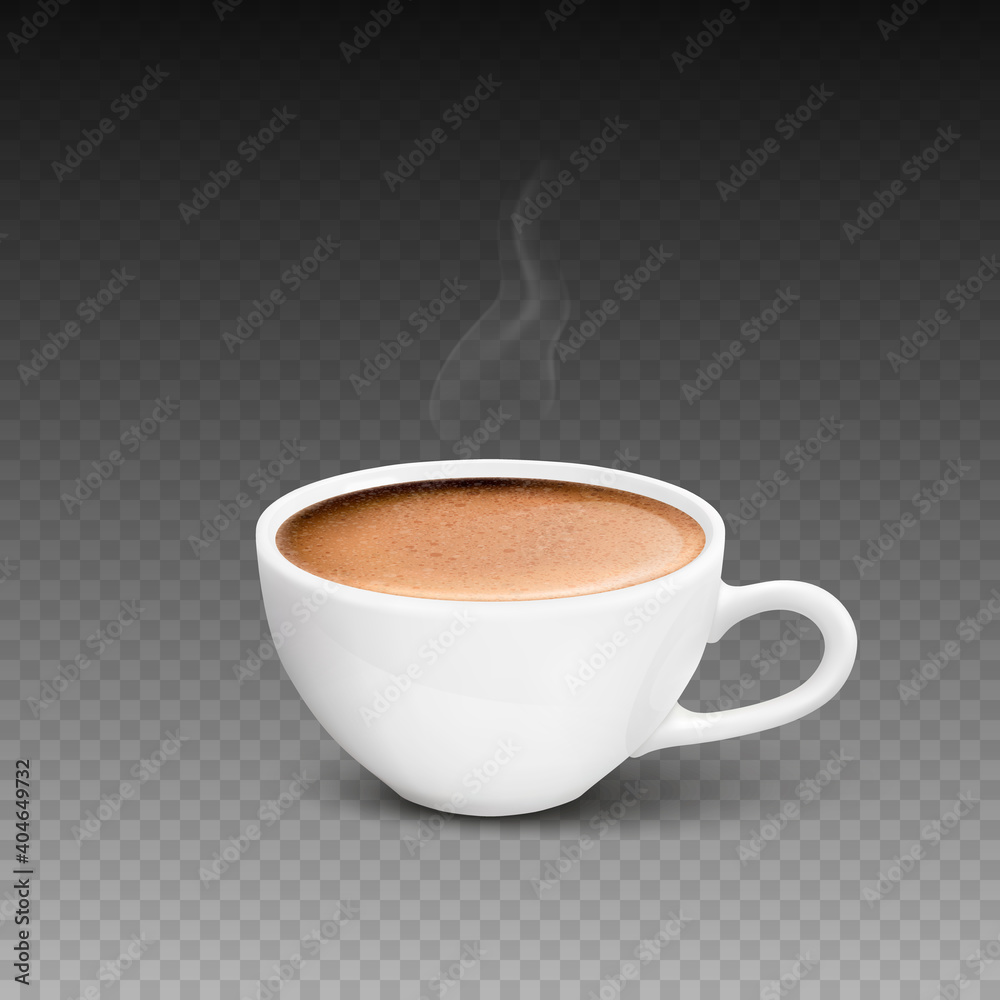 Obraz premium Vector 3d Realistic White Porcelain Ceramic Mug, Hot Milk Coffee, Foam and Smoke Set Isolated. Espresso, Capuccino, Latte. Stock Vector Illustration. Design Template. Front View