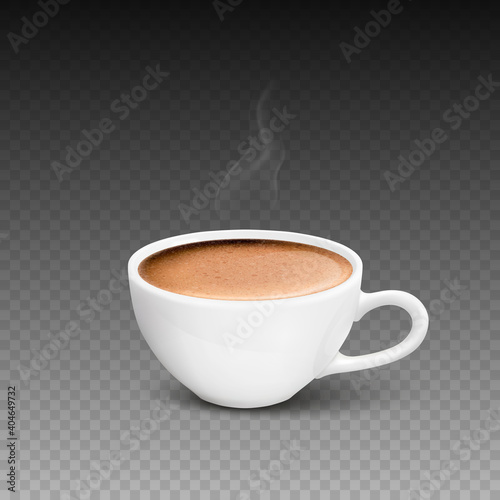 Vector 3d Realistic White Porcelain Ceramic Mug, Hot Milk Coffee, Foam and Smoke Set Isolated. Espresso, Capuccino, Latte. Stock Vector Illustration. Design Template. Front View