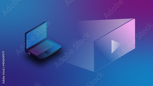 isometric image of laptop computer remote watching movies online cinema watching tv series at home