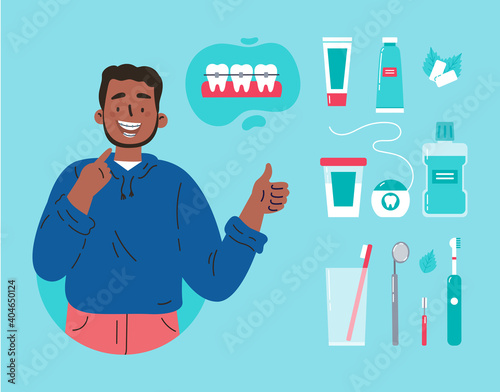 Man showing his smile with dental braces. Attractive guy with various accessories for daily dental care. Toothbrush, dental floss, mouthwash, braces, chewing gum. Vector cartoon illustration.