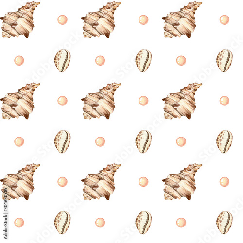 Watercolor seamless pattern - underwater world. Seashells and bubbles on a white background.