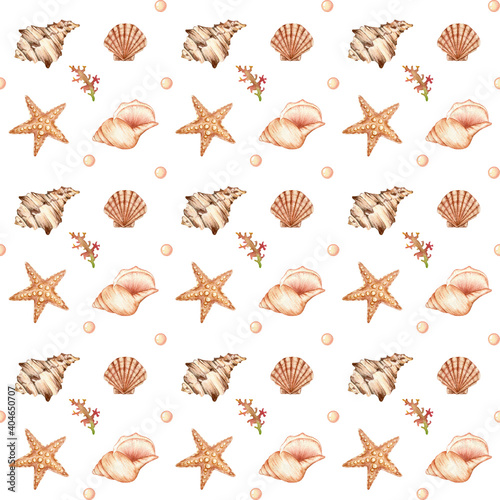 Watercolor seamless pattern - underwater world. Seashells, starfish, coral bubbles on a white background.