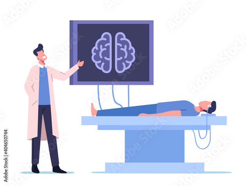 Neurobiology Medicine, Brain Mri. Doctor and Patient Characters in Hospital on Medical Examination with Computer Monitor