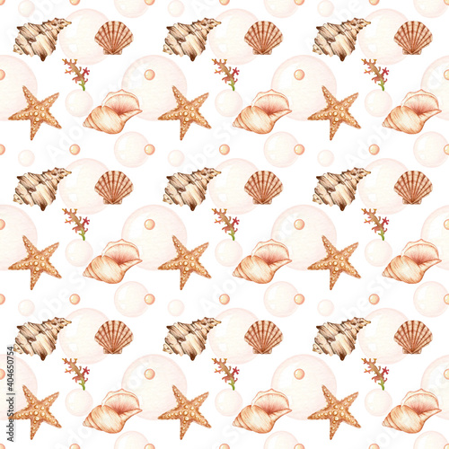 Watercolor seamless pattern - underwater world. Seashells, starfish, coral bubbles on a white background.