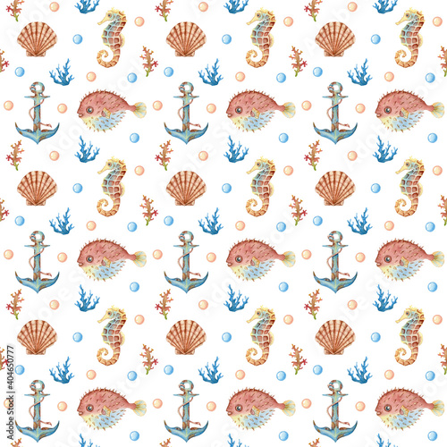 Watercolor seamless pattern - underwater world. Seahorse, fish, corals, shells, bubbles on a white background.