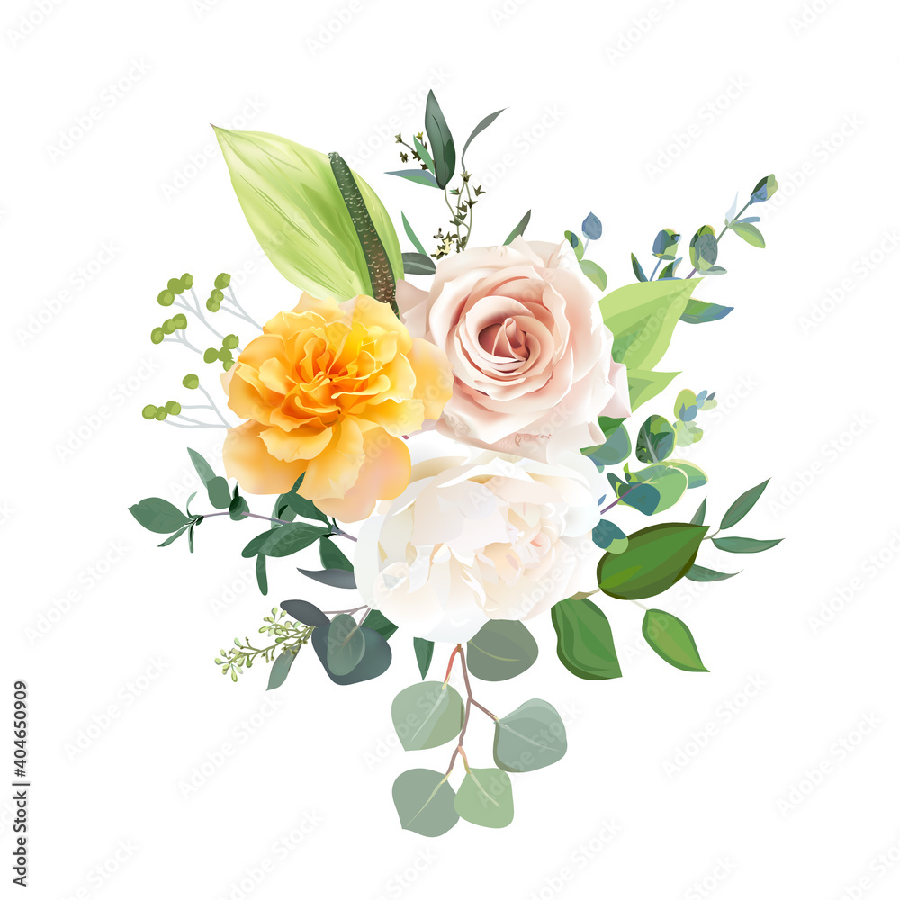Blush pink, ivory white and yellow rose, spring garden flowers, eucalyptus Blush pink, ivory white and yellow rose, spring garden flowers, eucalyptus