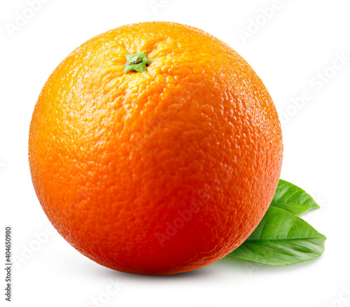 Orange fruit isolate. Orange citrus on white background. Whole orange fruit with leaves. Clipping path. Full depth of field.