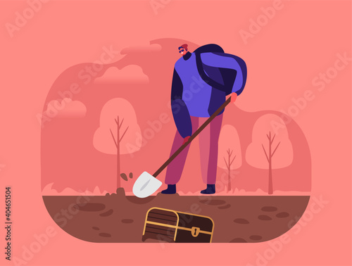 Male Character with Backpack Digging Soil Searching Hidden Chest with Gold. Treasure Hunter Experience, Adventure