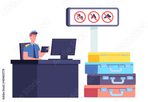 Customs Officer Male Character Sitting at Desk with Computer Looking in Tourist Foreign Passport with Pile of Suitcases