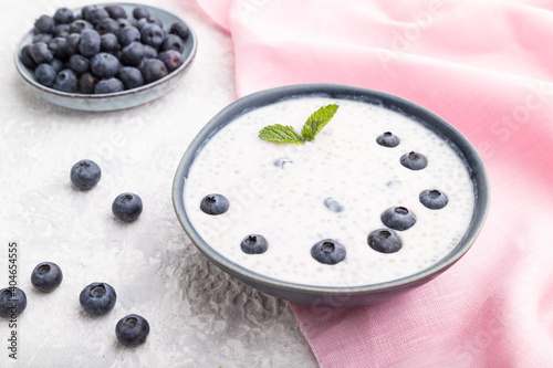 Yogurt with blueberry in ceramic bowl on gray concrete background. Side view.