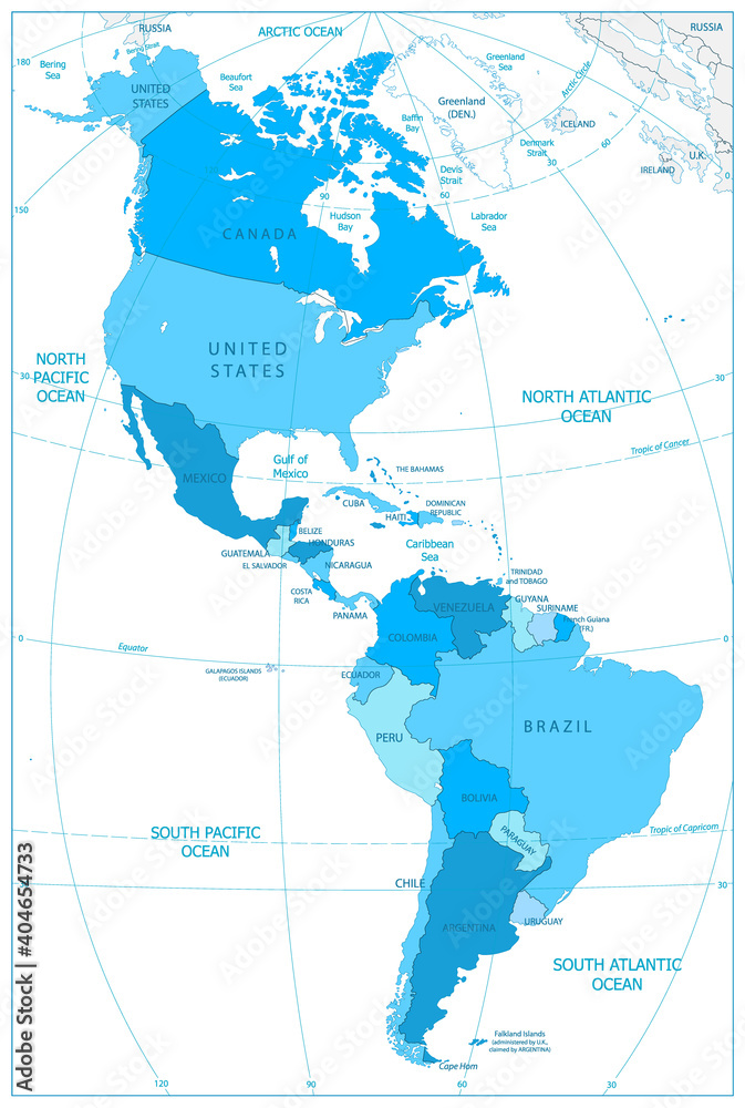 North and South America Map In Colors Of Blue
