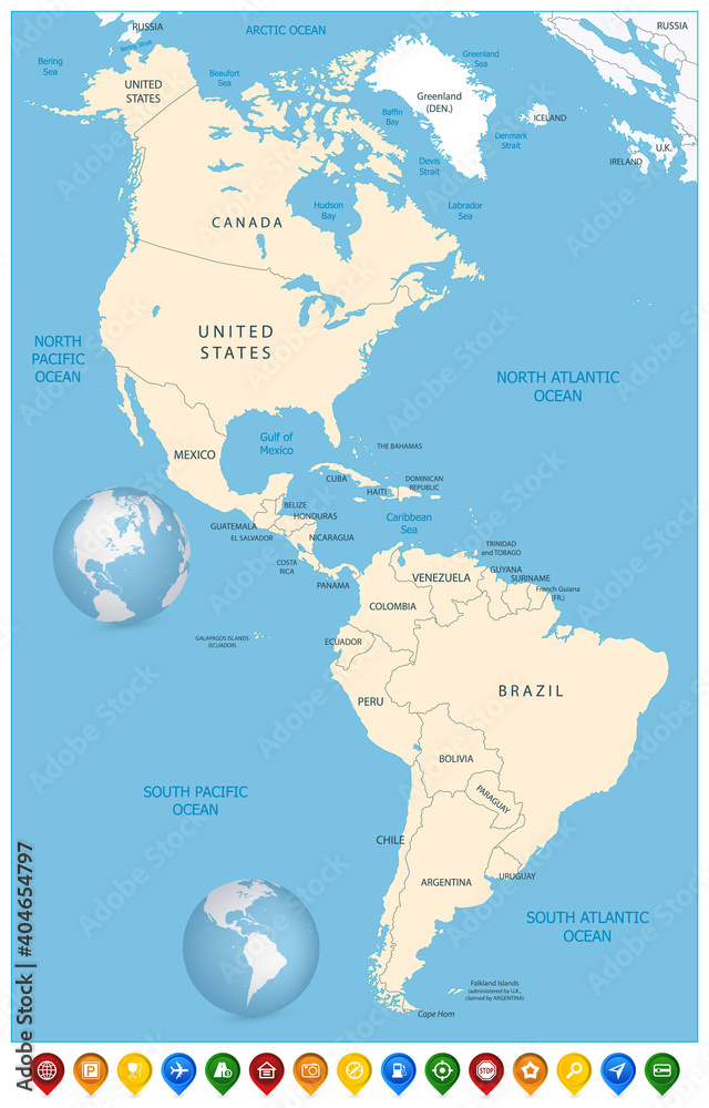 North and South America Political Map and Colorful Map Markers Stock