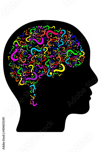 Many colorful question marks inside the brain, isolated white background and flat vector