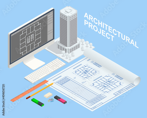 Architectural Project Isometric Concept. Professional Architects and Designers Working. Engineer working on computer with blueprints on screen