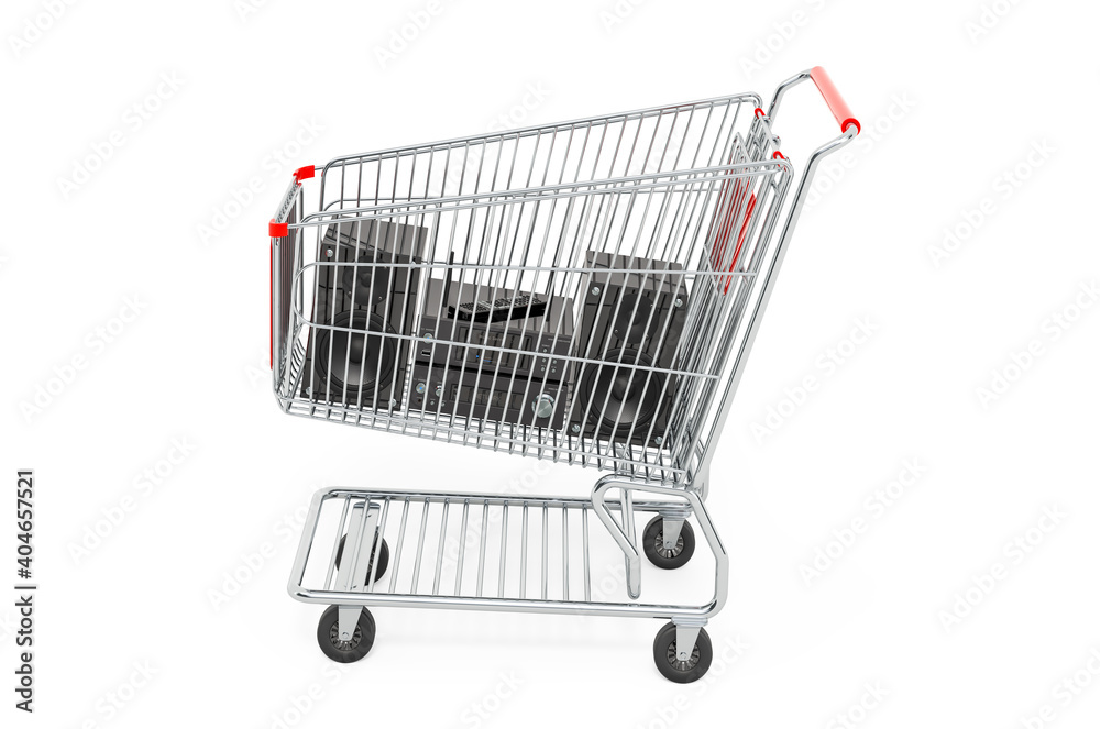 Home stereo system inside shopping cart, 3D rendering Home stereo system inside shopping cart, 3D rendering