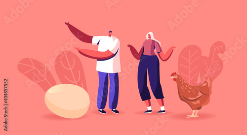 Male and Female Characters Stand near Hen Solve Paradox or Conundrum Which Came First Chicken or Egg Causality Dilemma