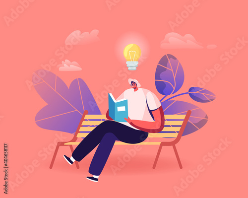 Male Character Reading Literature Narration Sitting on Bench with Book in Hands and Glow Light Bulb over Head, Bookworm