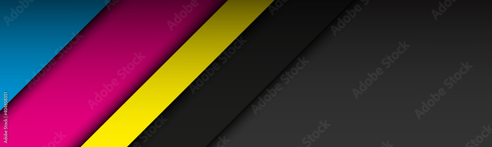 Black modern material header with overlapping layers in cmyk colors. Banner for your business. Vector abstract widescreen background