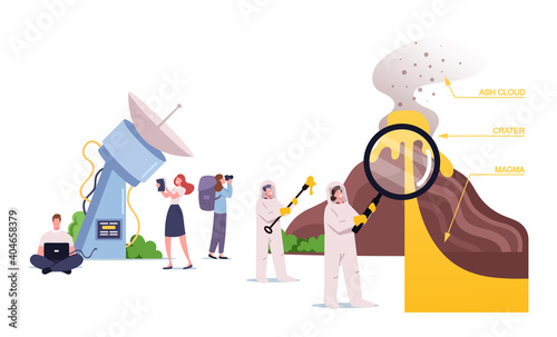 Characters Studying Volcano Eruption. Scientists Stand at Volcano Cross Section Erupting Lava and Gas into Atmosphere