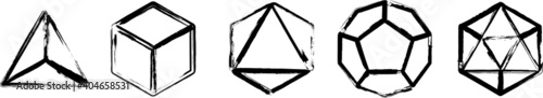 Set of the Five Platonic Solids. Tetrahedron, Cube, Octahedron, Icosahedron, Dodecahedron.  Black ink handwriting. Vector. photo