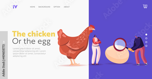 Which Came First Chicken or Egg Landing Page Template. Tiny Characters at Huge Hen with Magnifier Solve Paradox, Dilemma photo