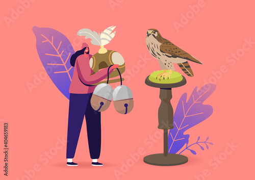 Tiny Female Character Hold Huge Professional Equipment for Falconry. Woman with Falcon Hood and Bells for Bird Hunting