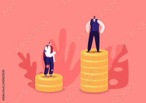 Unemployed Beggar and Rich Businessman Stand on Low and High Piles of Golden Coins. People with Different Income Class
