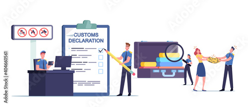 Customs Officer Characters Filling Customs Declaration and Check Passenger or Tourist Baggage Confiscate Illegal Things