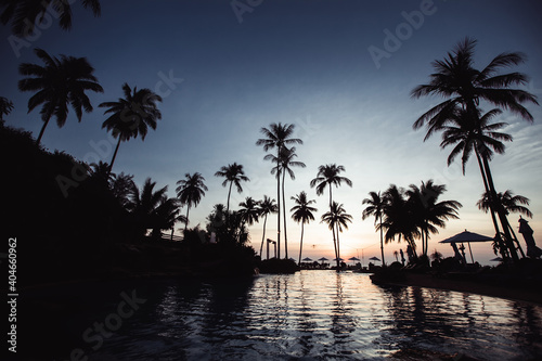 Beautiful twilight on a tropical beach with silhouettes of palm trees. © De Visu