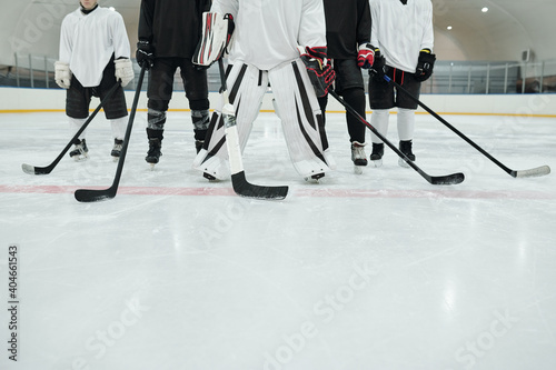 Low section of several hockey players and their trainer with sticks on ice rink