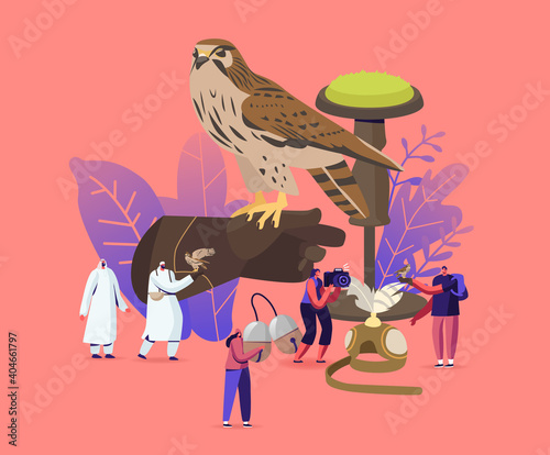 Falconry Concept. Tiny Male and Female Characters Holding Professional Equipment for Falcon Training. Arabian Sport