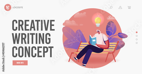 Young Man Student or Bookworm Read Landing Page Template. Male Character Reading Literature Narration Sitting on Bench