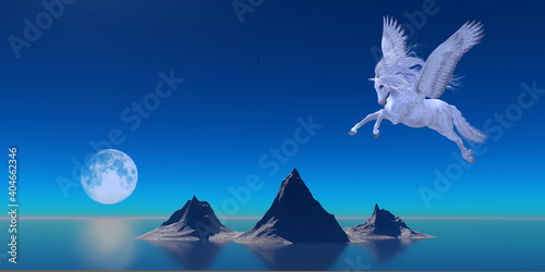 Pegasus by Ocean - A beautiful white Pegasus flies over the calm waters of the ocean as a full moon reflects on the water.