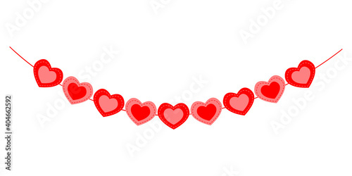 Heart bunting isolated on white background. Garland for Valentine day party, wedding, romantic date. Decoration for banners, greeting cards and invitations. Vector flat illustration.